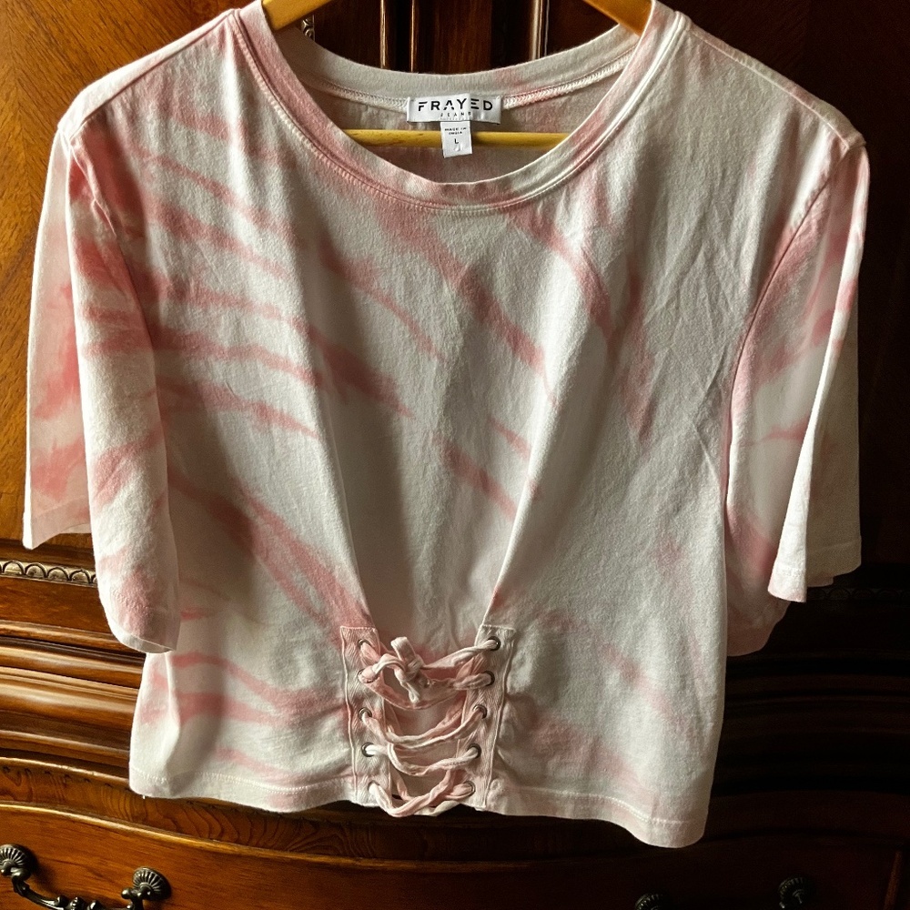 Used Frayed Jeans Top White Pink Tie Dye Large Lace-up Short Sleeve Crew Neck